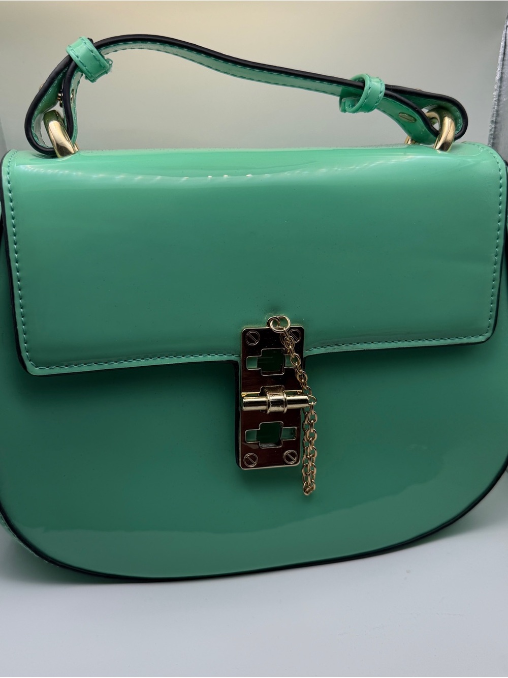 Mint Patent Mini Top-Handle Bag with Gold Chain Lock